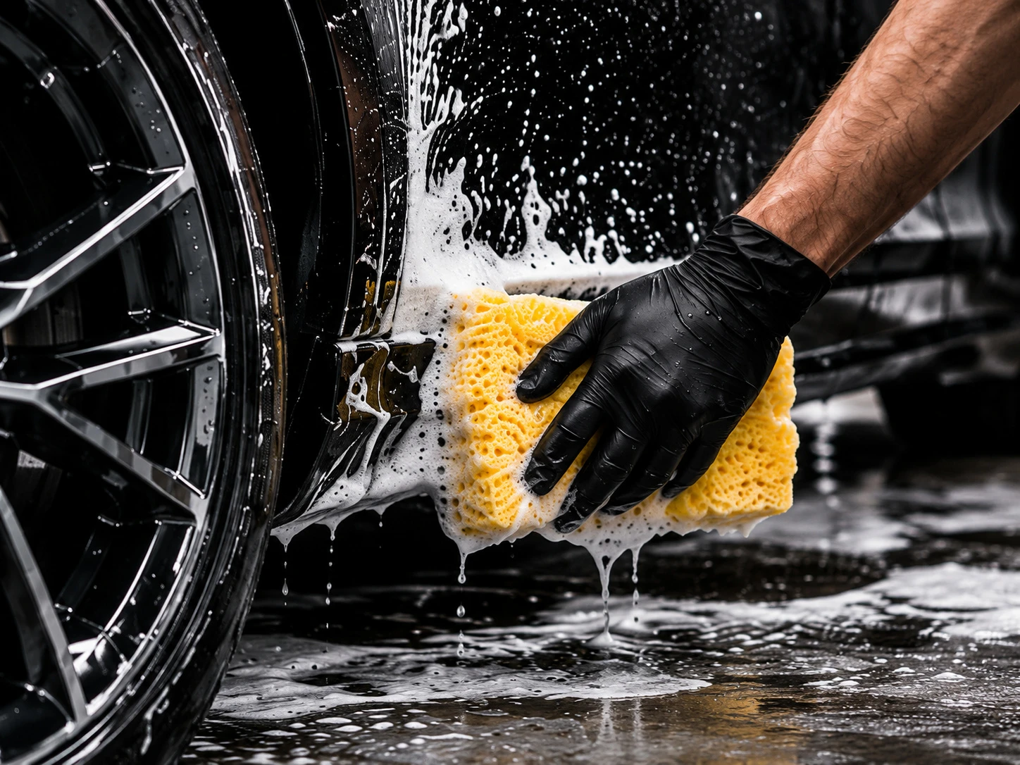 Švaros Loftas MAX wash – washing a car side with a yellow sponge
