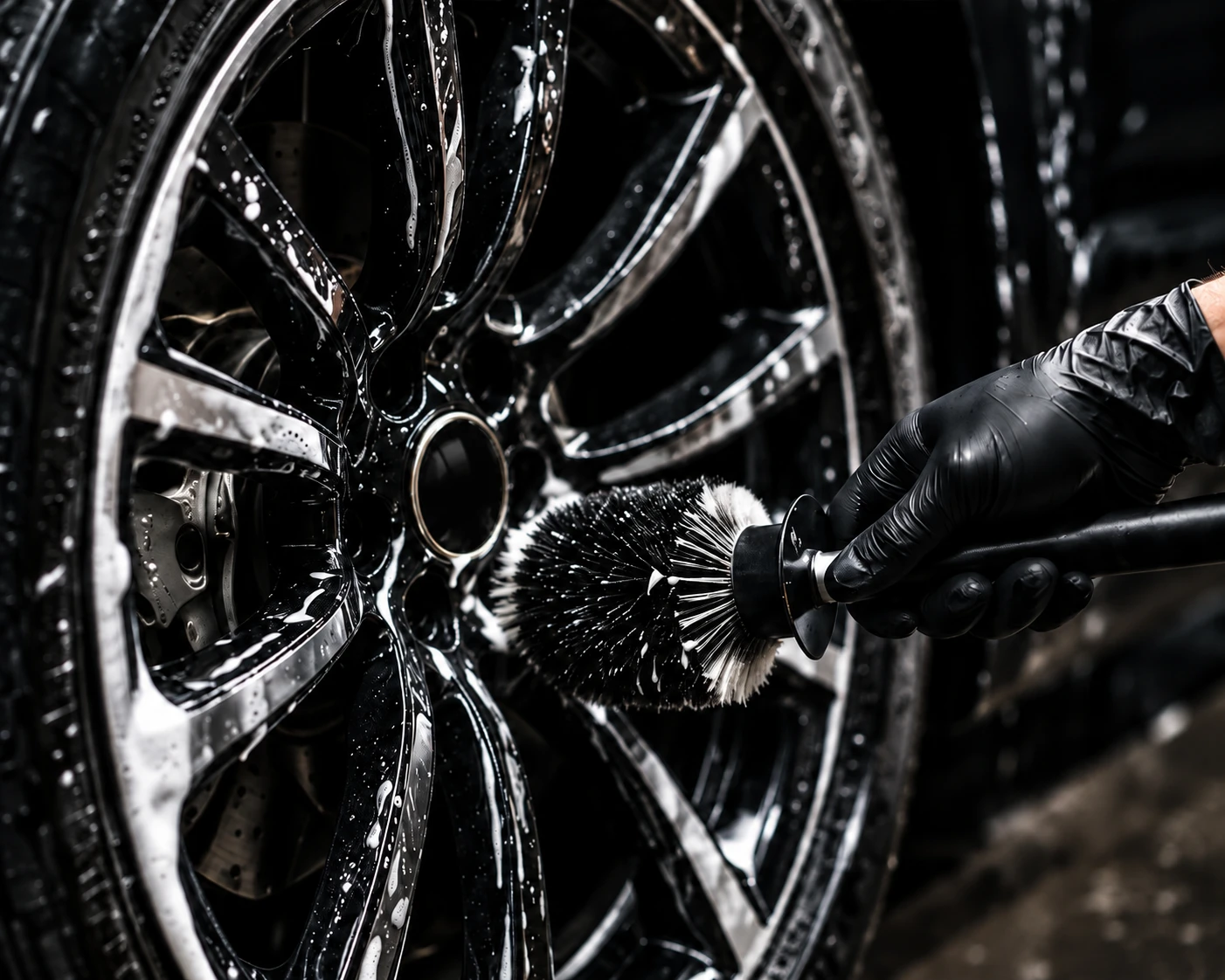 Švaros Loftas chemical wheel cleaning with a brush